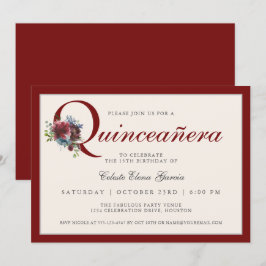 Elegant Burgundy och Blue Blommigt Quinceanera Par Inbjudningar