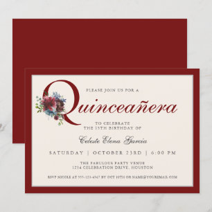 Elegant Burgundy och Blue Blommigt Quinceanera Par Inbjudningar
