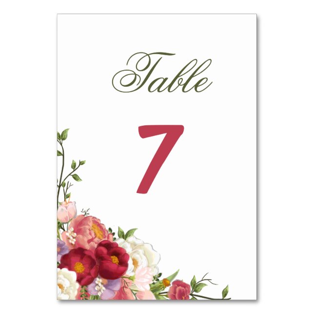 Elegant Burgundy och Crimson Blush Blommig Bröllop Bordsnummer (Framsidan)