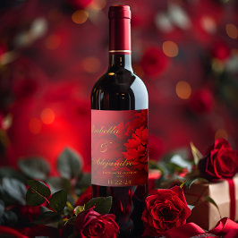 Elegant Burgundy och Crimson Red Blommigt Bröllop Vinflaska Etikett