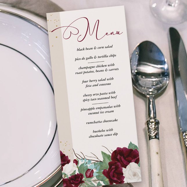 Elegant Burgundy och Elfenbenskustens Ro Blommigt Meny (Menu with burgundy red and ivory roses and elegant calligraphy)