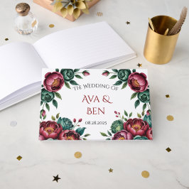 Elegant Burgundy och Emerald Peony Bröllop Gästböcker