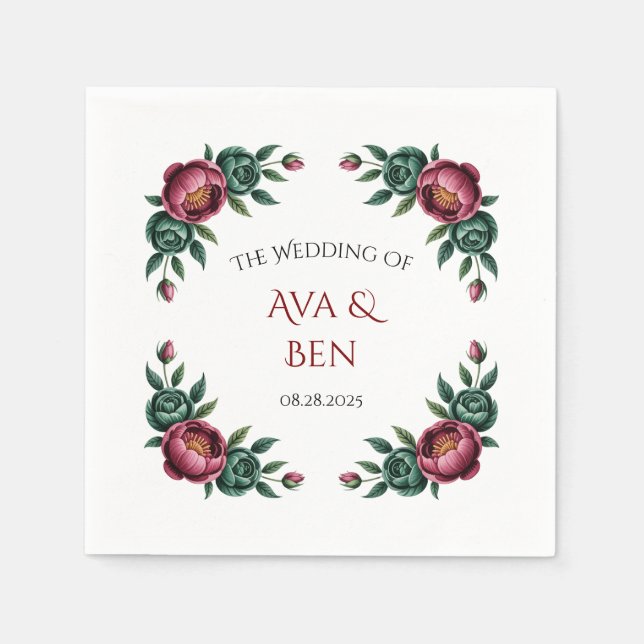 Elegant Burgundy och Emerald Peony Bröllop Pappersservett (Framsidan)