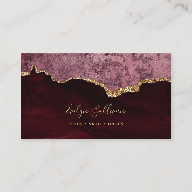 elegant burgundy och guld agate affärskort visitkort (Framsida)