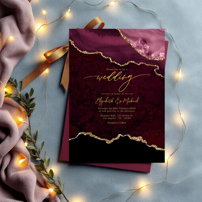 Elegant Burgundy och Guld Agate Bröllop QR-kod Inbjudningar (Elegant Burgundy and Gold Agate Wedding QR Code Invitation)