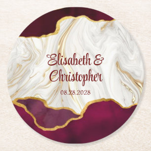 Elegant Burgundy och Guld Agate Bröllop Underlägg Papper Rund