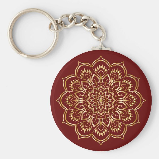 Elegant Burgundy och Guld Blommigt Mandala Mönster Nyckelring (Framsidan)