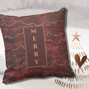 Elegant Burgundy och Guld MERRY Text Jul Kudde