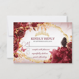 Elegant Burgundy och Guld Rosor Quinceañera RSVP Anteckningskort