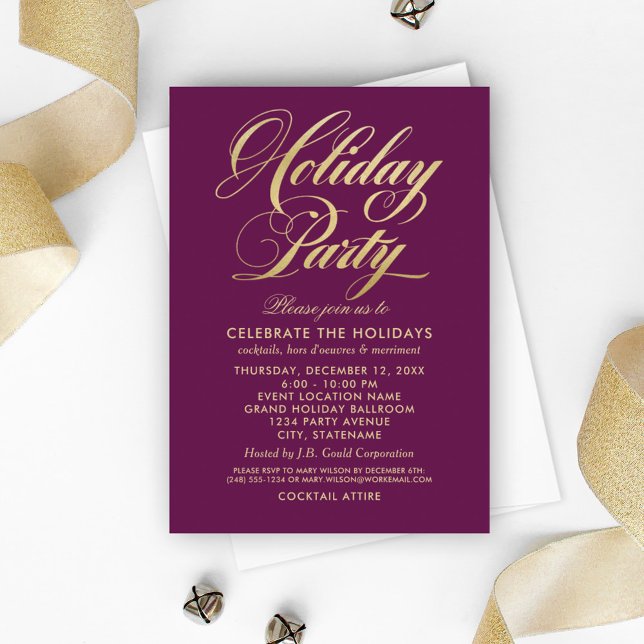 Elegant Burgundy och Guld Script-Julfest Inbjudningar (Skapare uppladdad)