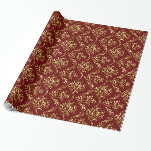 Elegant Burgundy och Guld Vintage Blommönster Presentpapper (Utrullad)