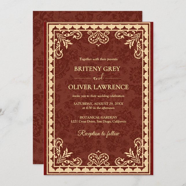 Elegant Burgundy och guldolja Ornate Bröllop Inbjudningar (Fram/baksida)