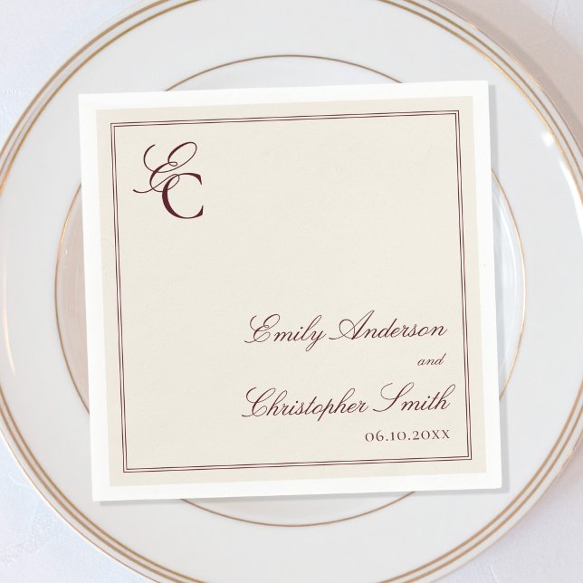 Elegant Burgundy och Krämfärgad Klassisk Bröllop Pappersservett (Skapare uppladdad)