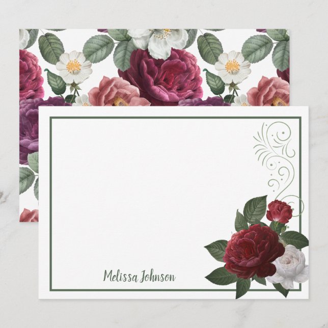 Elegant Burgundy och Rosa Blommigt Ro Anteckningskort (Fram/baksida)