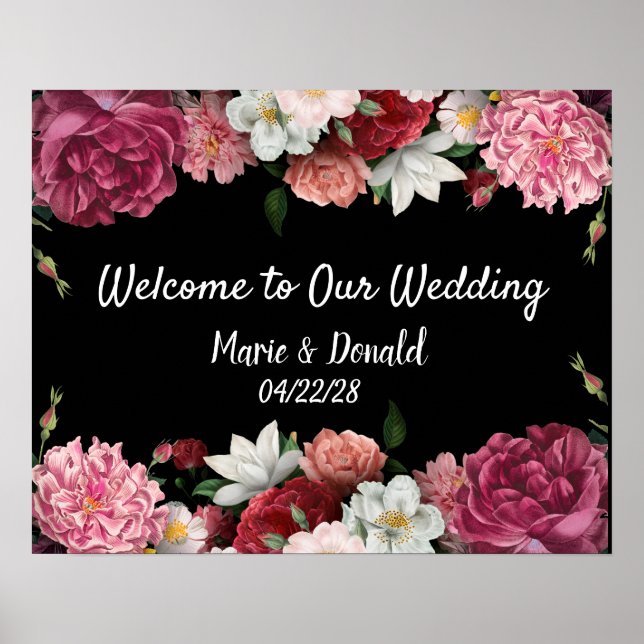 Elegant Burgundy och Rosa Flowers Bröllop Poster (Framsidan)