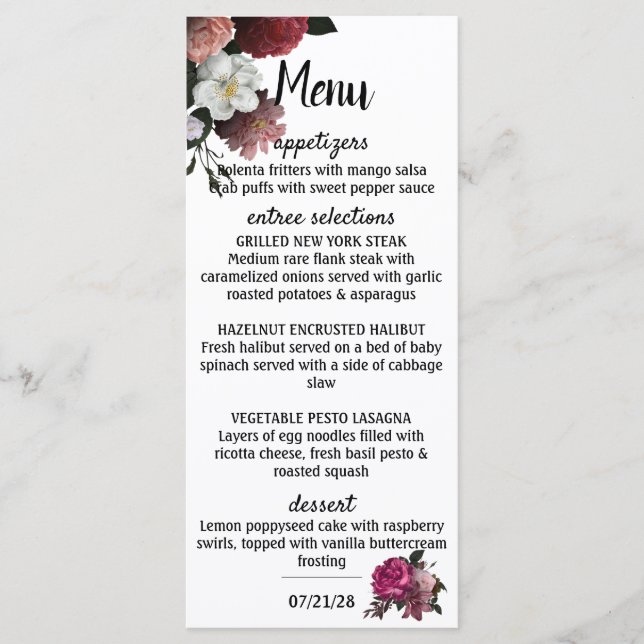 Elegant Burgundy och Rosa Flowers Meny (Framsida)