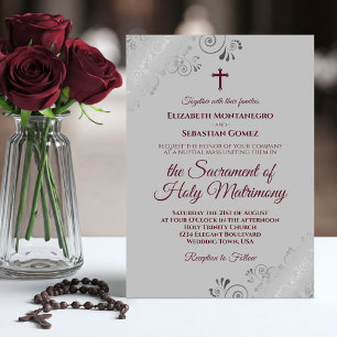 Elegant Burgundy om Grått Modern katolska Bröllop Inbjudningar