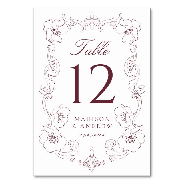 Elegant Burgundy Ornate Floral Frame Wedding Bordsnummer (Framsidan)
