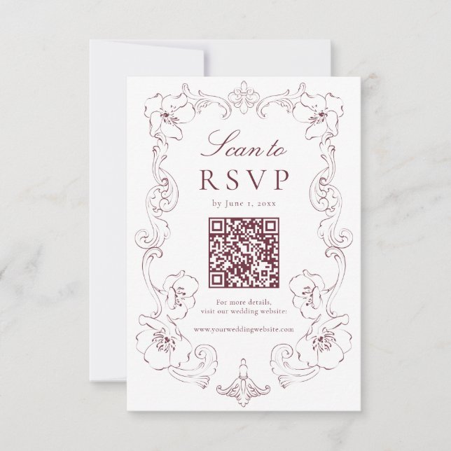 Elegant Burgundy Ornate Floral QR Code Wedding OSA Kort (Framsida)