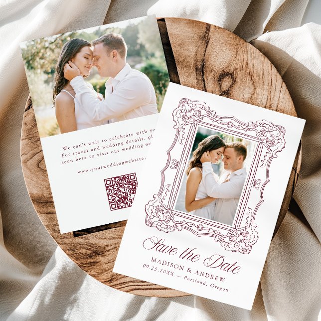 Elegant Burgundy Ornate Frame QR Code Wedding Spara Datumet (Skapare uppladdad)