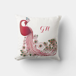 Elegant Burgundy Peacock Feathers Monogrammed Kudde