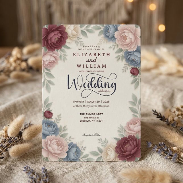 Elegant Burgundy Peonies Roses  QR Code Wedding Inbjudningar (Skapare uppladdad)