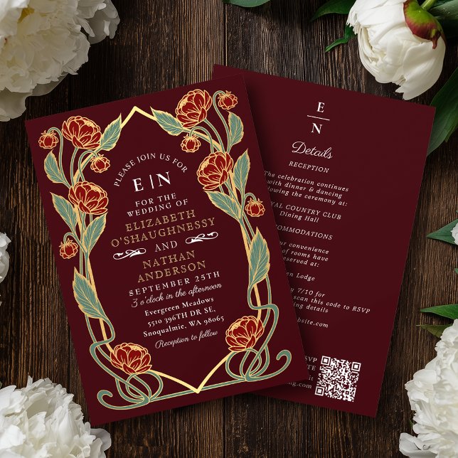 Elegant Burgundy Peony Art Nouveau QR Code Wedding Inbjudningar (Skapare uppladdad)