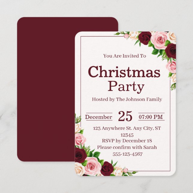 Elegant Burgundy Pink Floral Christmas Party Inbjudningar (Fram/baksida)