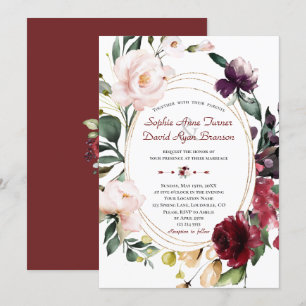 Elegant Burgundy Plum  blommor Guld Bröllop Inbjudningar