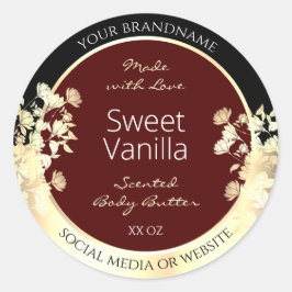 Elegant Burgundy-produktetiketter Blommigt Guld Ra Runt Klistermärke