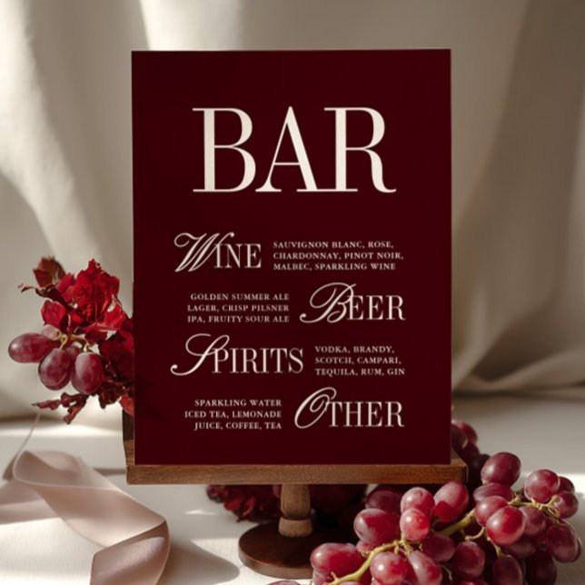 Elegant Burgundy Pub Menu Drinks Bröllop Tabletop (Elegant Burgundy Bar Menu Drinks Wedding Tabletop)