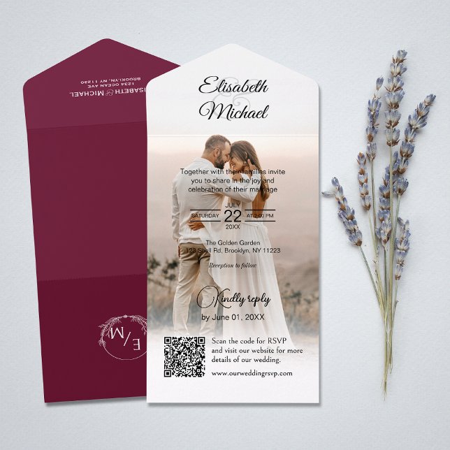 Elegant Burgundy QR-kodfoto Bröllop (All-in-one wedding invitation with QR code to RSVP - Simplify and save time for you and your guests.)