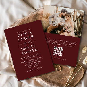 Elegant Burgundy QR-kodfoto Bröllop Inbjudningar