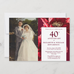 Elegant Burgundy Red Blommigt 40-årsfoto Inbjudningar