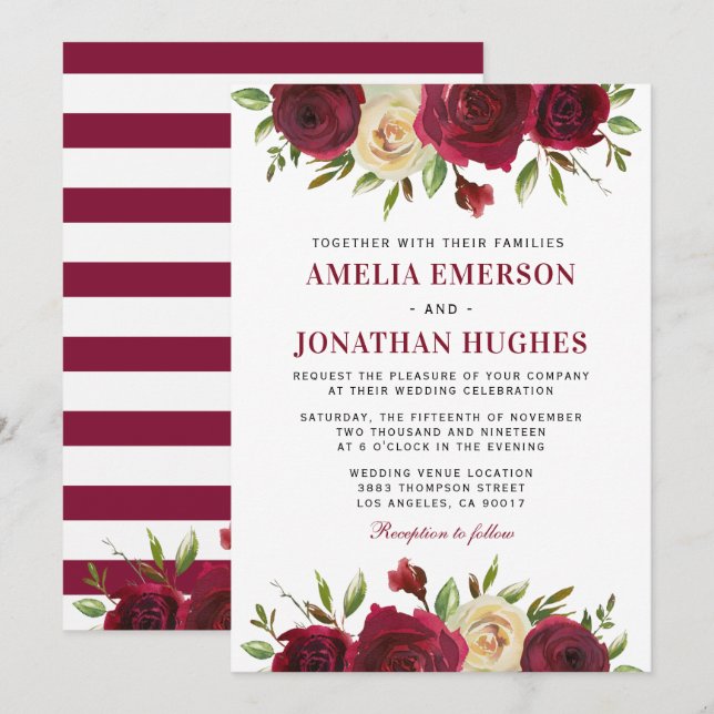 Elegant Burgundy Red Blommigt Fall Winter Wedding Inbjudningar (Fram/baksida)
