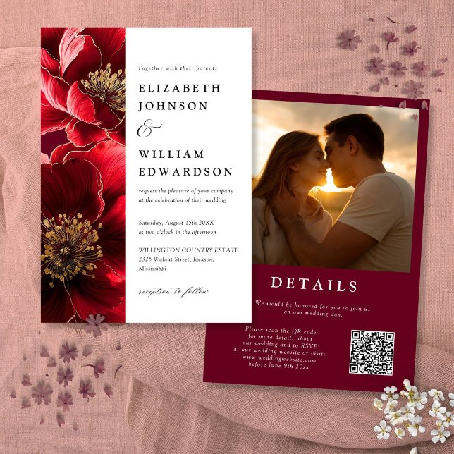 Elegant Burgundy Red Blommigt Photo QR Code Bröllo Inbjudningar (Elegant Burgundy Red Floral Photo QR Code Wedding Invitation)