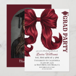 Elegant Burgundy Red Bow Graduation Photo Inbjudningar