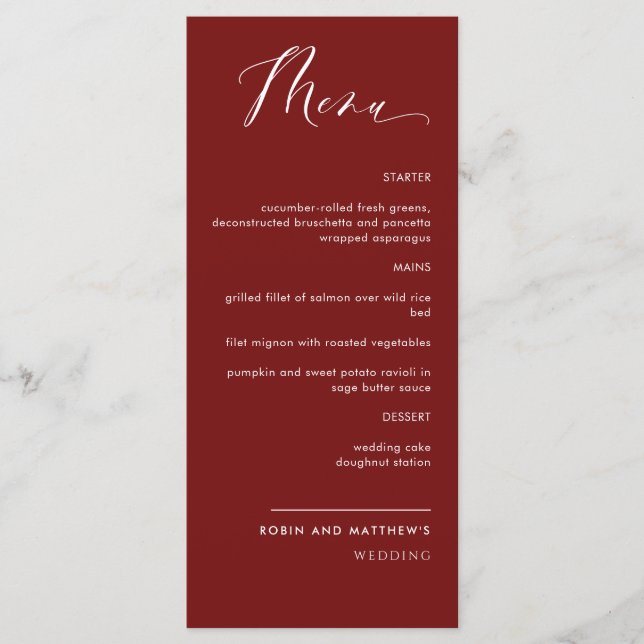 Elegant Burgundy Red Calligraphy Bröllop Menu Meny (Framsida)