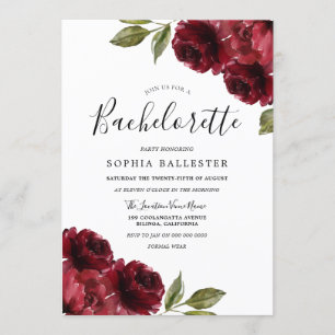 Elegant Burgundy Red Flowers Bachelorette Party Inbjudningar