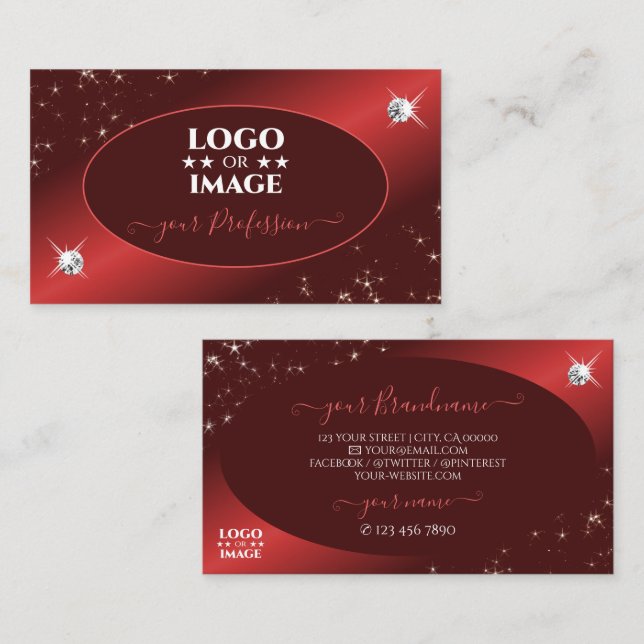 Elegant Burgundy Red Glitter Stars Jewels Add Logo Visitkort (Fram/baksida)