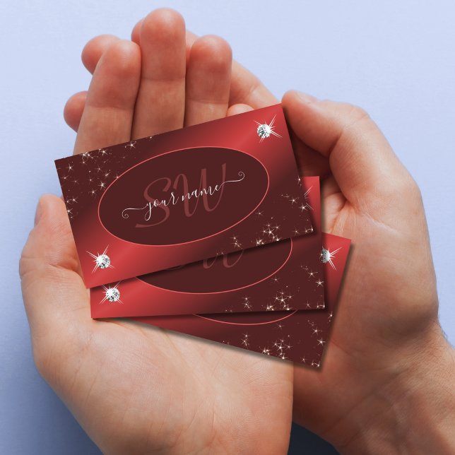 Elegant Burgundy Red Glitter Stars Jewels Monogram Visitkort (Skapare uppladdad)
