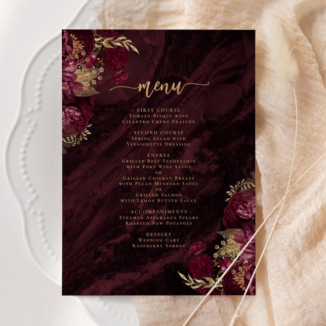 Elegant Burgundy Red Gold Floral Wedding Meny (Skapare uppladdad)