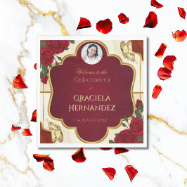 Elegant Burgundy Red & Gold Rose Quinceañera  Pappersservett