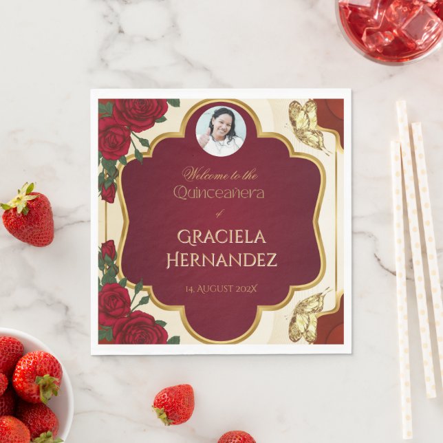 Elegant Burgundy Red & Gold Rose Quinceañera  Pappersservett (Insitu)