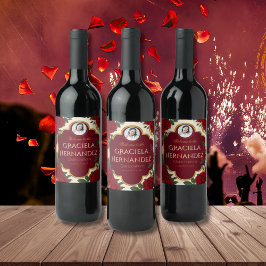 Elegant Burgundy Red & Gold Rose Quinceañera  Vinflaska Etikett