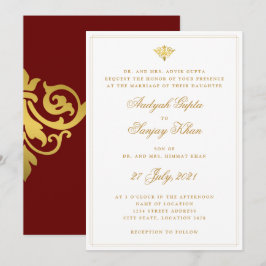 Elegant Burgundy Red Guld Indiska Bröllop Inbjudningar