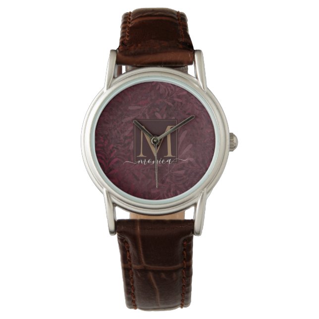 Elegant Burgundy Red Guld Monogram Blommönster Armbandsur (Framsida)
