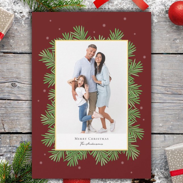 Elegant Burgundy Red jul Botanical Photo Julkort (Skapare uppladdad)