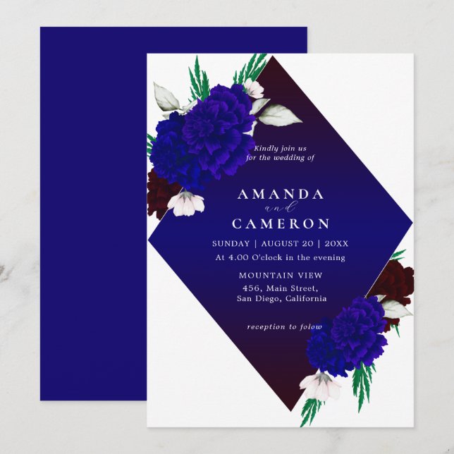 Elegant Burgundy Red Navy Blue "MARIGOLD" Wedding Inbjudningar (Fram/baksida)