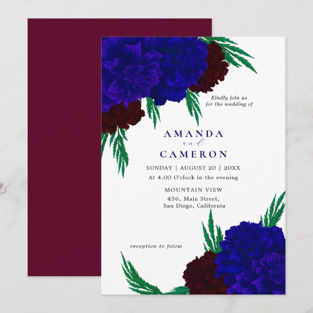 Elegant Burgundy Red Navy Blue "MARIGOLD" Wedding Inbjudningar (Fram/baksida)